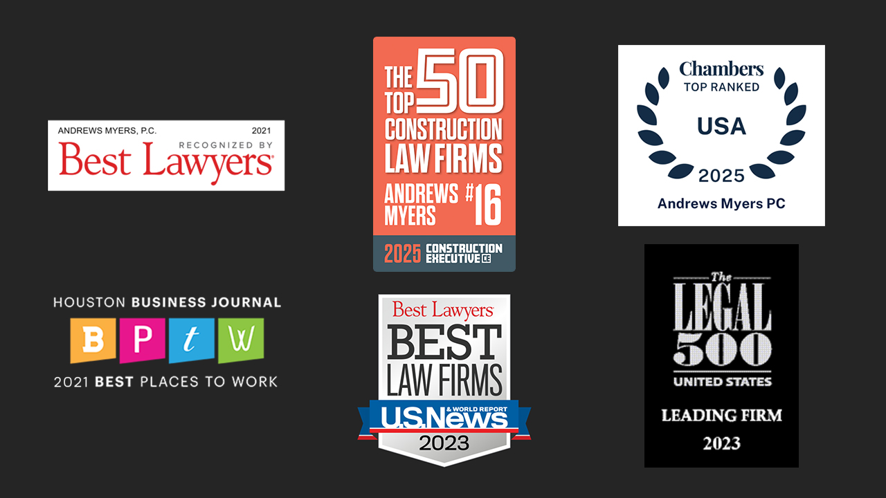 Andrews Myers' award badges for Best Law Firms, Best Lawyers, Chambers Top Ranks, Best Places to Work, and Leading Firm.