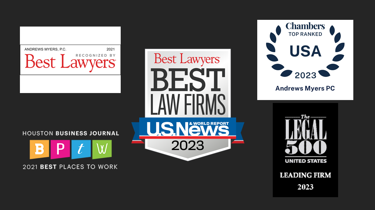 Andrews Myers' award badges for Best Law Firms, Best Lawyers, Chambers Top Ranks, Best Places to Work, and Leading Firm.