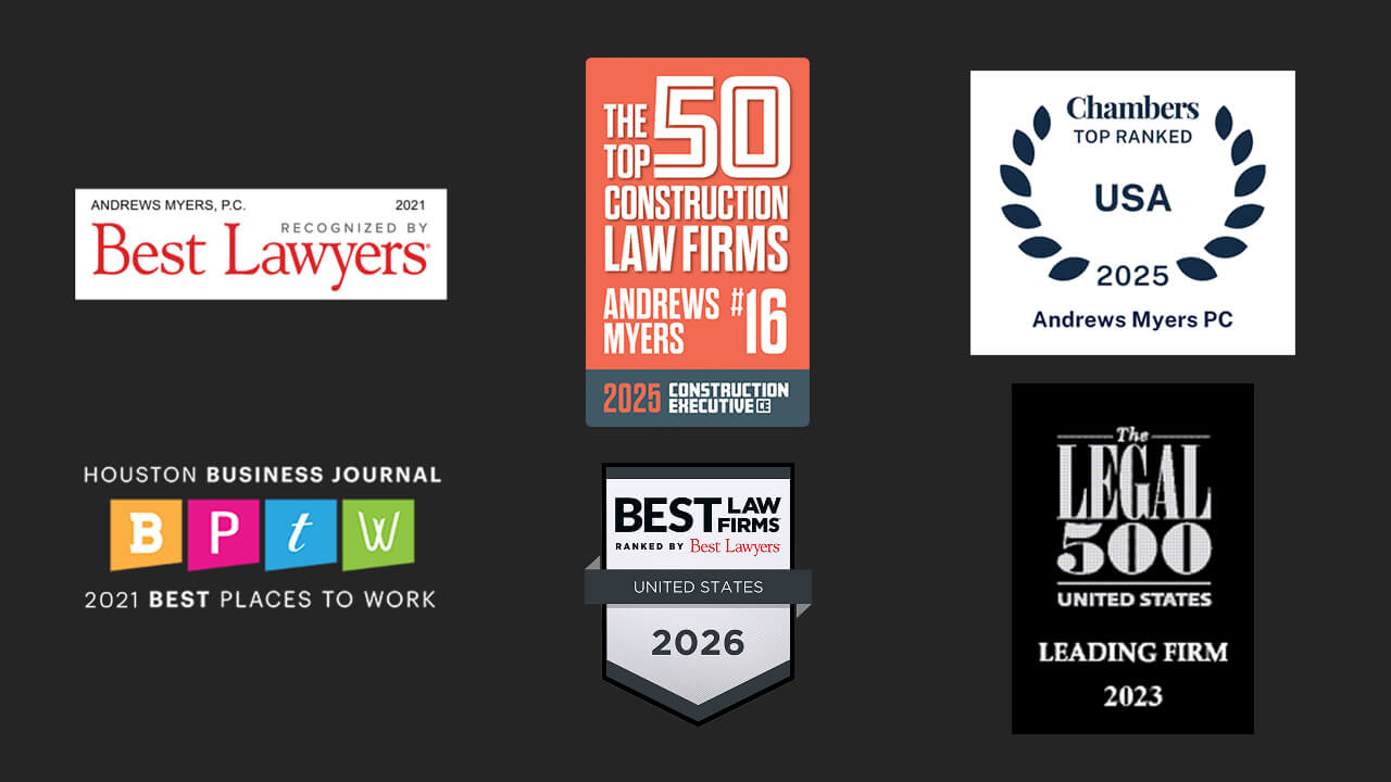 Andrews Myers' award badges for Best Law Firms, Best Lawyers, Chambers Top Ranks, Best Places to Work, and Leading Firm.