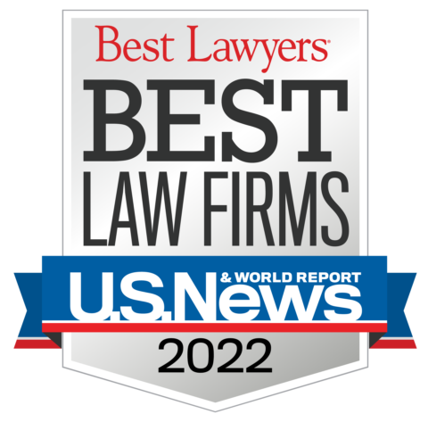 Gray, red, blue, and white Best Law Firms Badge 2022
